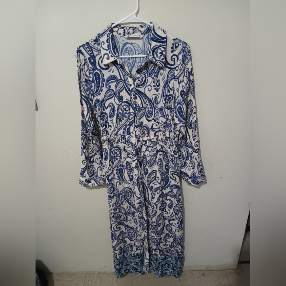 Zara Blue and White Paisley Long Sleeve Shirt Dress